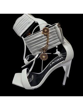 Versace White Leather High Heels With Gold Medusa Charm Details - Size 37.5